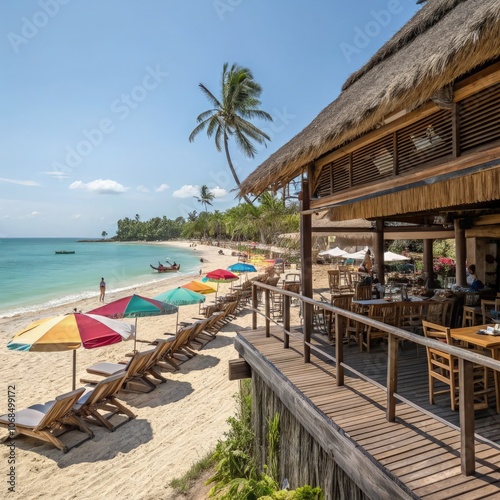 Beachfront restaurant with colorful umbrellas and serene ocean view. Generative AI