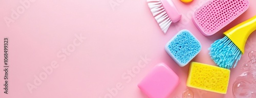 Colorful sponges and cleaning tools arranged on a vibrant pink background create a playful washing concept perfect for freshening up your space