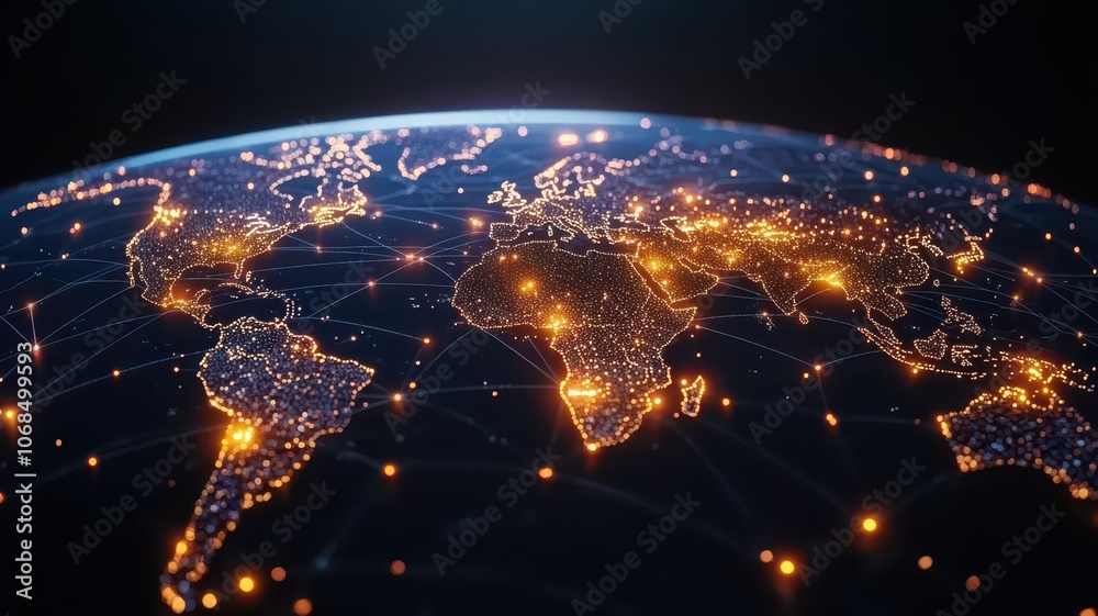 Stylized global map showcasing interconnected networks and pathways across continents for a modern digital landscape. Stylized global map showcasing interconnected networks and pathways across continents for a modern digital landscape.