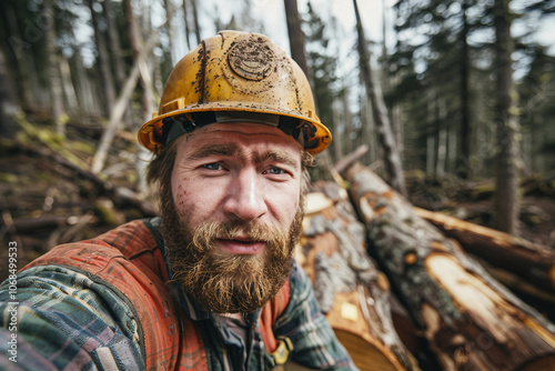 Generative AI image of a handsome virile bearded woodcutter at work in a traditional woodworking workshop