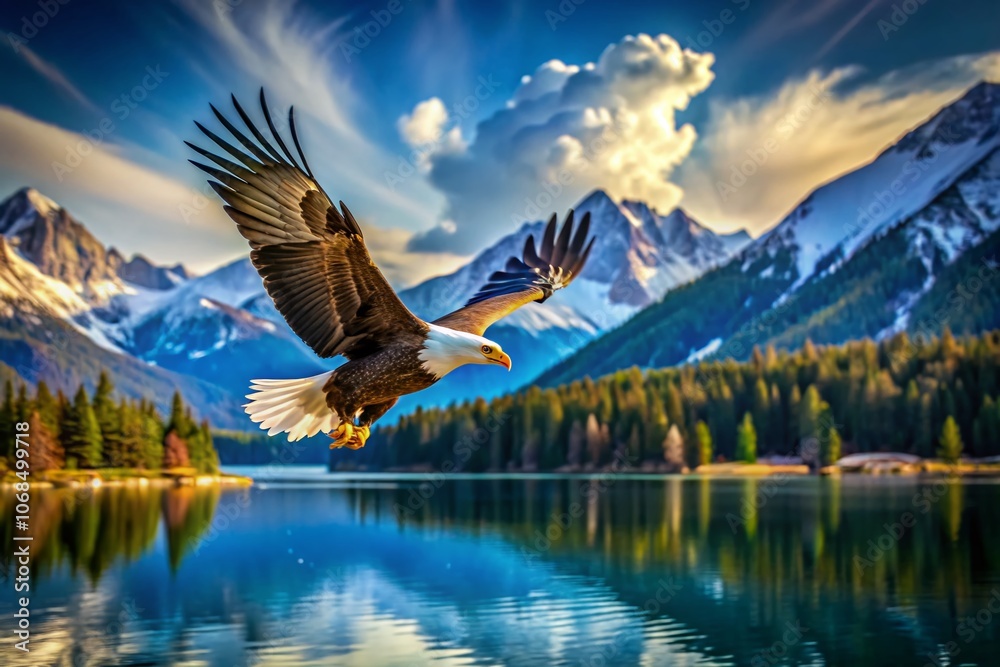 Obraz premium Majestic Bald Eagle in Flight Over Scenic Vintage Landscape - Capturing Nature's Power and Freedom with Classic Photography Techniques