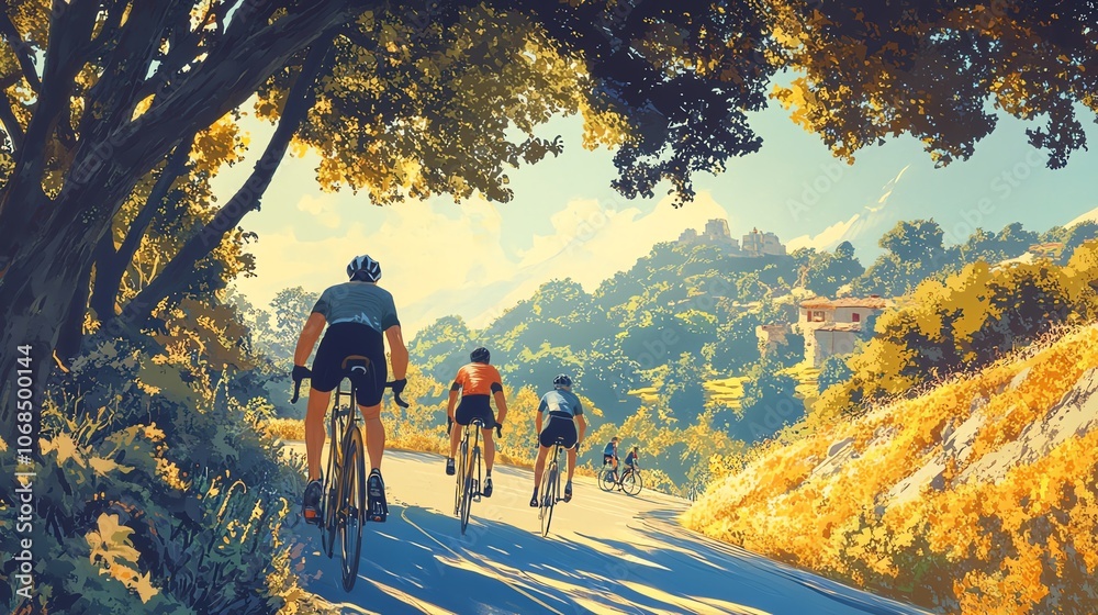 Fototapeta premium Cyclists riding on a scenic road surrounded by hills and trees during a sunny day.