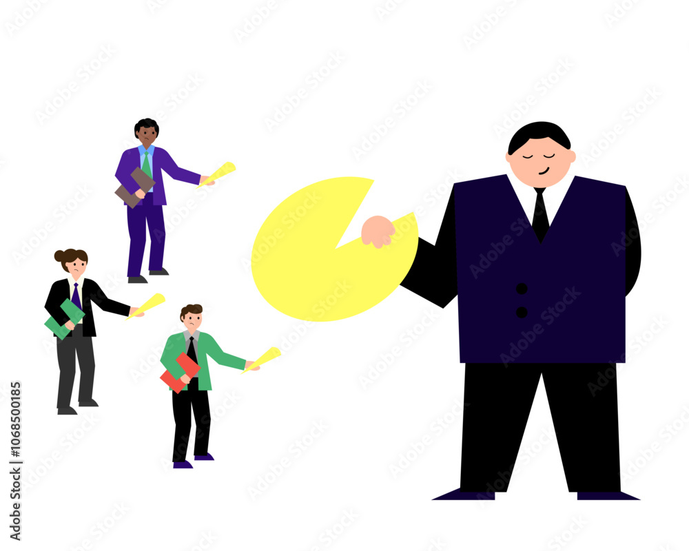 Monopoly, absence of competition. A monopolist has a larger share than other entrepreneurs. Vector simple color flat illustration. Monopoly, absence of competition. A monopolist has a larger share than other entrepreneurs. Vector simple color flat illustration.