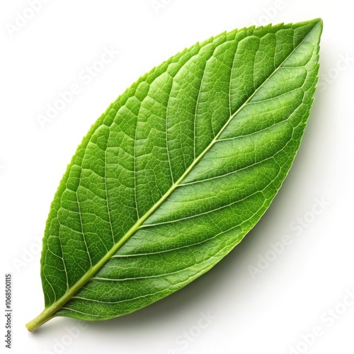 Almond-shaped green leaf displayed on a white background in natural light. Generative AI