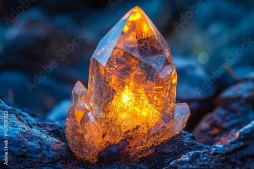 Radiant Wonders: A Stunning Close-Up of an Illuminated Orange Crystal Set Against a Serene Rocky Background