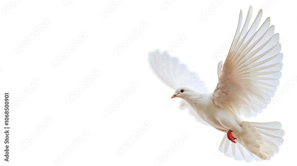Fototapeta premium A beautiful white dove is flying with its wings spread wide. The dove is a symbol of peace and hope.