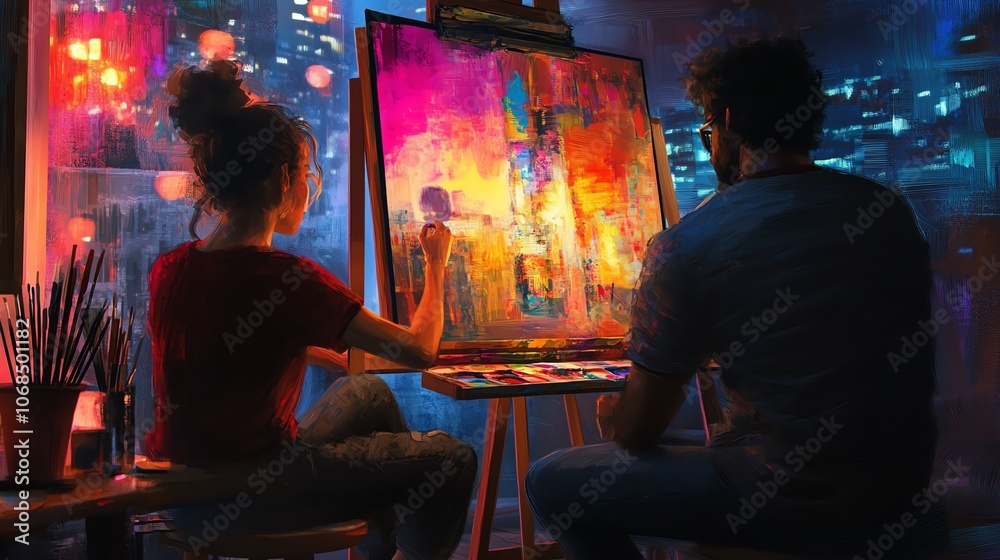 Creative duo painting on canvas in an illuminated urban studio setting.