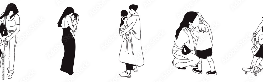 Hand-drawn doodle family border. Outline family clipart. Hand-drawn black art. Hand-drawn doodle family border. Outline family clipart. Hand-drawn black art.