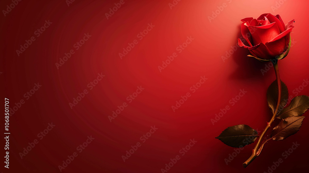 A beautiful red rose is the focus of this image. The rose is set against a deep red background, which makes it stand out.