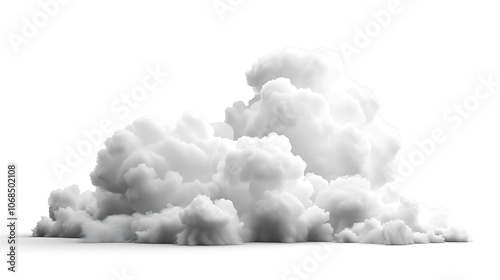 A large white cloud of smoke or fog, isolated on a white background. The cloud is soft and fluffy, with a few wispy tendrils at the edges.