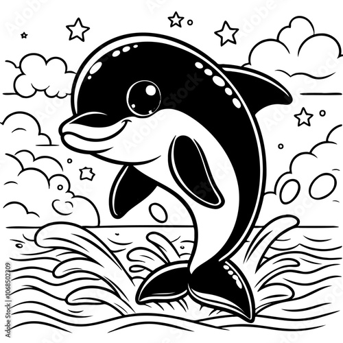 A black and white drawing of a dolphin jumping out of the water. The dolphin is smiling and he is having fun. The water is choppy and the sky is cloudy, giving the scene a playful and energetic mood