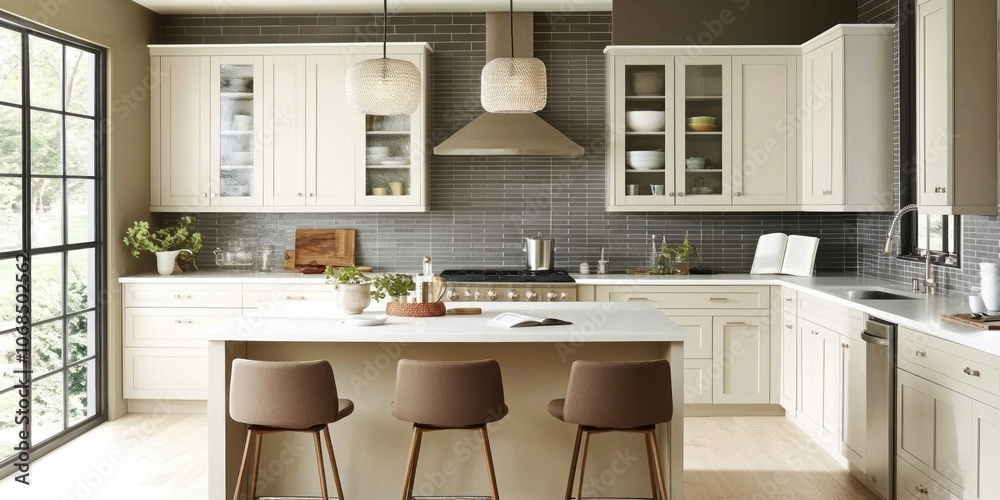 Modern Kitchen with White Cabinets, a Kitchen Island, and Brown Stools Modern Kitchen with White Cabinets, a Kitchen Island, and Brown Stools