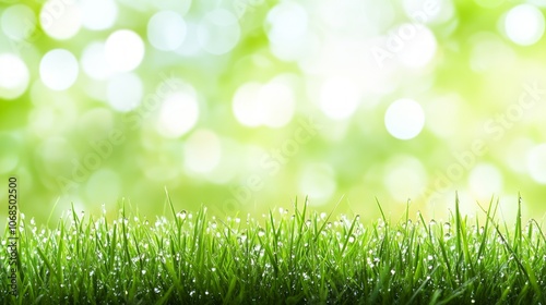 Fresh green grass glistens with morning dew, illuminated by bright sunlight, evoking a serene and peaceful outdoor atmosphere