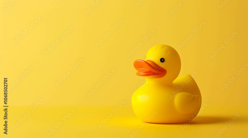 Cute yellow rubber duck on a yellow background. The duck is facing ...