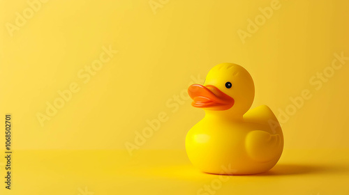 Cute yellow rubber duck on a yellow background. The duck is facing slightly left and looking at the camera.