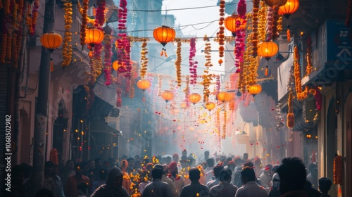 A street decorated with garlands and lanterns, with people celebrating Holi. Happy Holi , Concept Indian color festival. photo