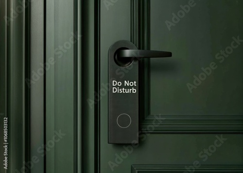 Modern dark gray door with a black handle and a Do Not Disturb sign displayed. Generative AI