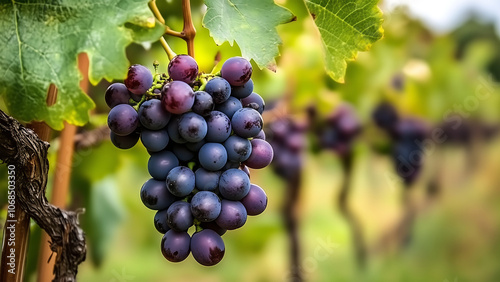 Close up of ripe purple grapes hanging on the vine in a vineyard ready for harvest. photo