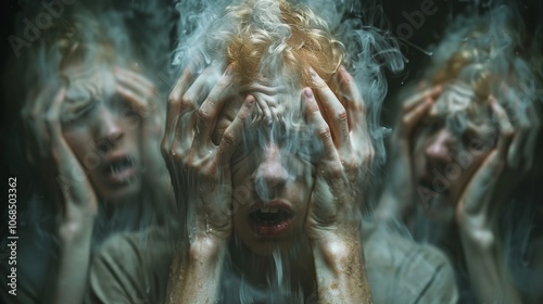 Mental Problem. Anxiety disorder. Man in grey shirt with multiple faces screaming and holding his head against a dark background, with many hands on his face depicted in blurred motion,