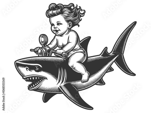 baby riding shark like a motorcycle, blending humor and fantasy in a whimsical, retro design sketch engraving generative ai vector illustration. Scratch board imitation. Black and white image.
