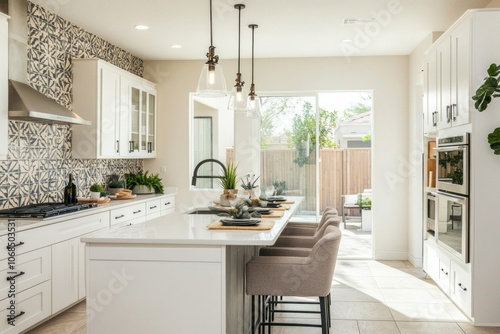 Modern Kitchen with Island, White Cabinets, and Sliding Glass Doors