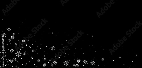 Vector winter background Bottom Corner Border featuring snowflake pattern. White snow Falling over night sky with transparent effect.