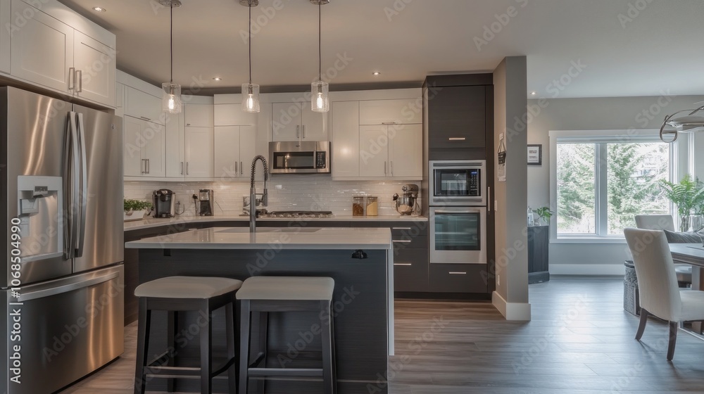 Modern Kitchen with Stainless Steel Appliances and Island with Bar Stools Modern Kitchen with Stainless Steel Appliances and Island with Bar Stools