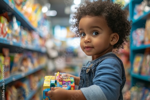 Exploring a World of Imagination: A Joyful Child Delights in Colorful Toys at a Vibrant Store