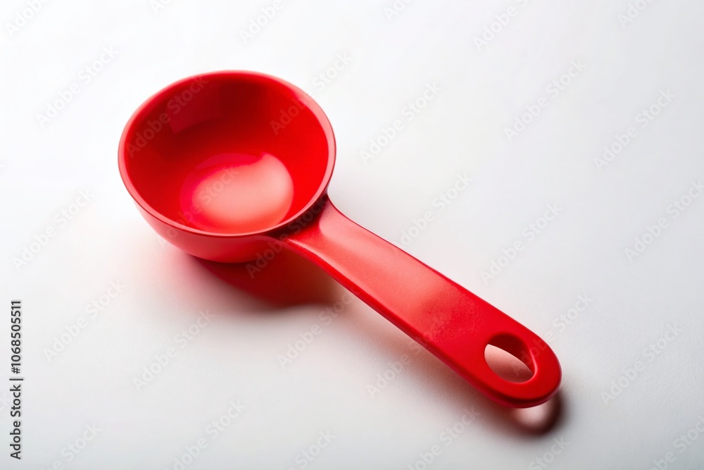 Minimalist Red Measuring Spoon on White Background for Kitchen Essentials, Cooking Tools, Modern Design, Home Cooking, Food Preparation, Simple Aesthetics, Culinary Crafts, Kitchenware