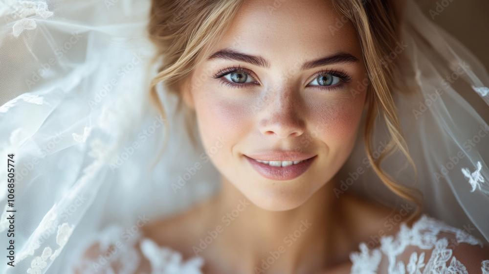 Smiling bride with delicate veil and blue eyes, natural makeup, close-up portrait, wedding day beauty, joyful bride, elegant look, soft expression, romantic moment, wedding attire
