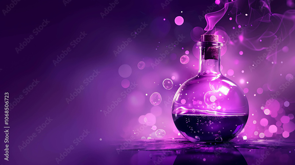 Purple potion in a glass bottle with smoke coming out of it. The bottle is sitting on a reflective surface with bubbles floating around it. Purple potion in a glass bottle with smoke coming out of it. The bottle is sitting on a reflective surface with bubbles floating around it.