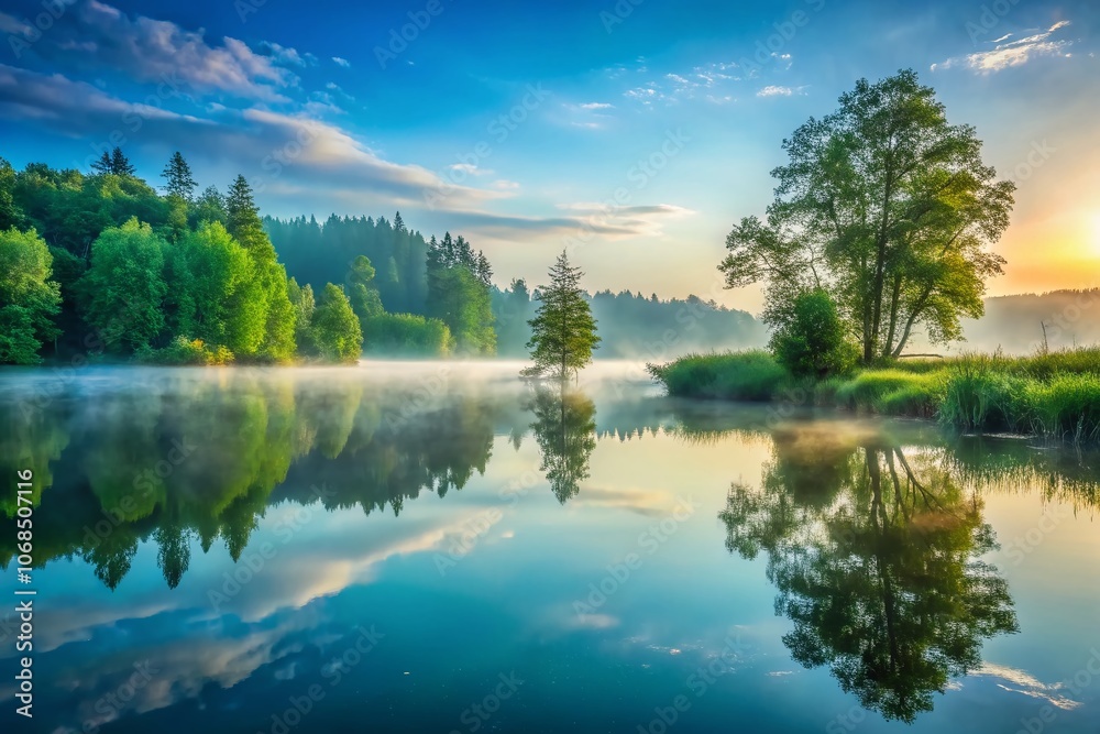 Misty Lake Serenity: Photorealistic Landscape of a Tranquil Lake Surrounded by Lush Trees, Perfect for Nature Lovers and Landscape Photography Enthusiasts Misty Lake Serenity: Photorealistic Landscape of a Tranquil Lake Surrounded by Lush Trees, Perfect for Nature Lovers and Landscape Photography Enthusiasts