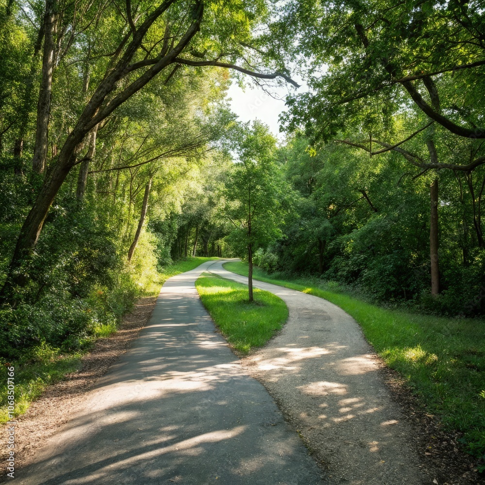 A natural path divides into two routes surrounded by lush greenery. Generative AI A natural path divides into two routes surrounded by lush greenery. Generative AI