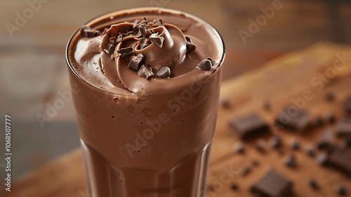 A delicious, creamy chocolate milkshake topped with whipped cream and chocolate chips. photo