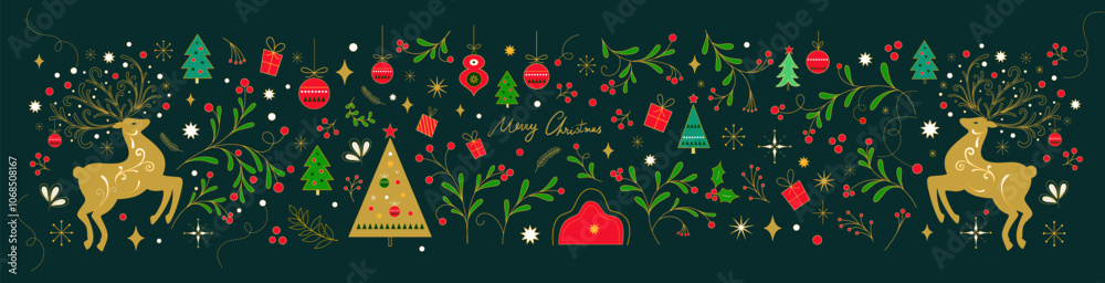 Obraz premium Merry Christmas collection with Christmas deer, toys and decorative branches. Christmas greeting cards, covers and banners. Christmas illustration in Scandinavian style.
