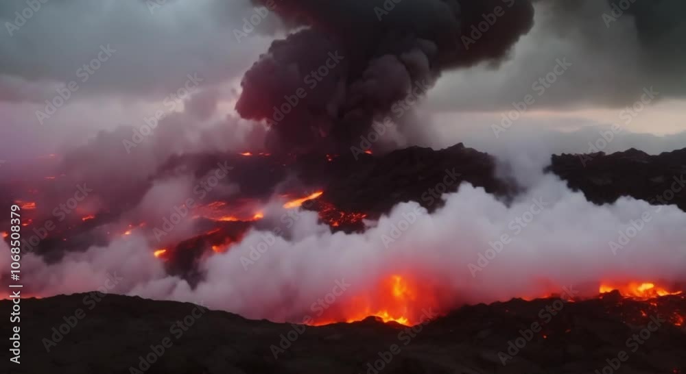 Volcano Eruption with Red Lava and Thick Smoke Clouds Volcano Eruption with Red Lava and Thick Smoke Clouds