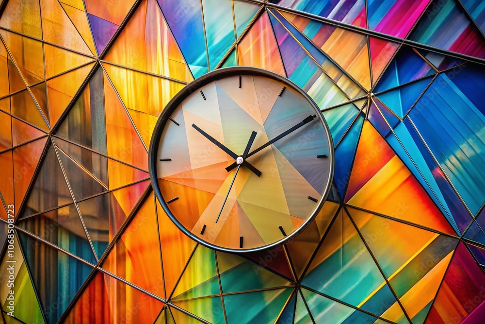 Modern Geometric Clock with Black Hands on Colorful Metal Background - Double Exposure Photography Modern Geometric Clock with Black Hands on Colorful Metal Background - Double Exposure Photography
