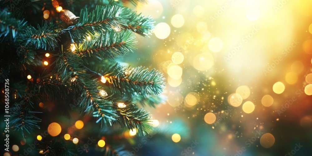 A sparkling close-up of a Christmas tree branch adorned with glowing lights. The soft, warm atmosphere creates a festive mood. Perfect for holiday themes and seasonal decoration. AI A sparkling close-up of a Christmas tree branch adorned with glowing lights. The soft, warm atmosphere creates a festive mood. Perfect for holiday themes and seasonal decoration. AI