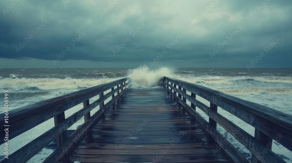 Moody Atlantic pier with waves crashing and cloudy November skies, symbolizing seasonal change Moody Atlantic pier with waves crashing and cloudy November skies, symbolizing seasonal change