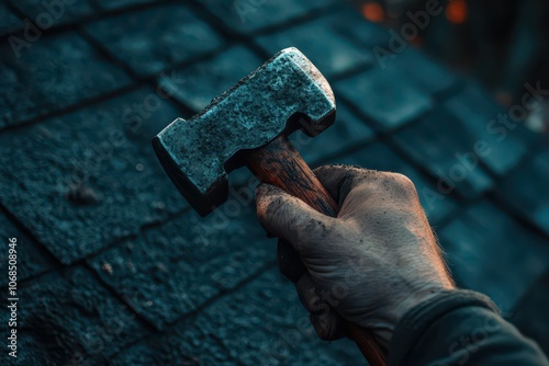 Close-up of a hand gripping a roofing hammer, showcasing craftsmanship and precision in construction work. photo