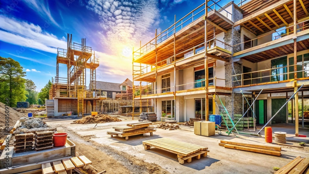 Modern House Construction Site on a Bright Day with Neutral Colors Highlighting Architectural Progress and Design Elements Modern House Construction Site on a Bright Day with Neutral Colors Highlighting Architectural Progress and Design Elements