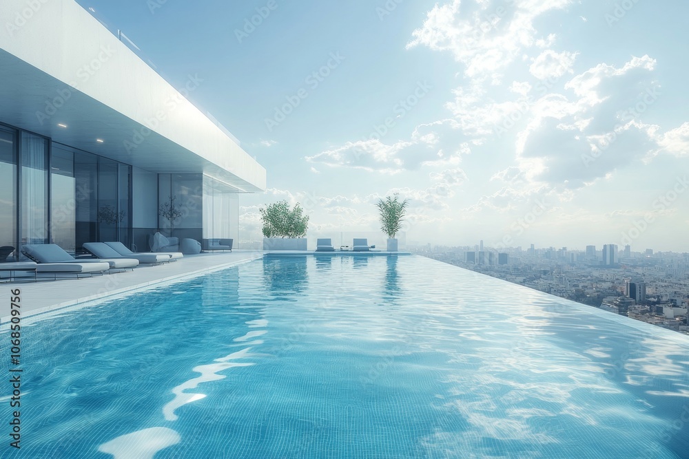 Fototapeta premium Stunning Rooftop Infinity Pool with Panoramic City Views: A Luxurious Escape into Serenity Under the Clear Blue Skies