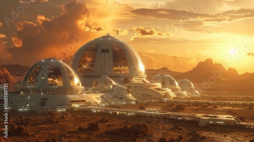 Beneath a stunning sunset, advanced domed structures rise from the rugged Martian terrain, reflecting the warm hues of the sky and suggesting a thriving settlement