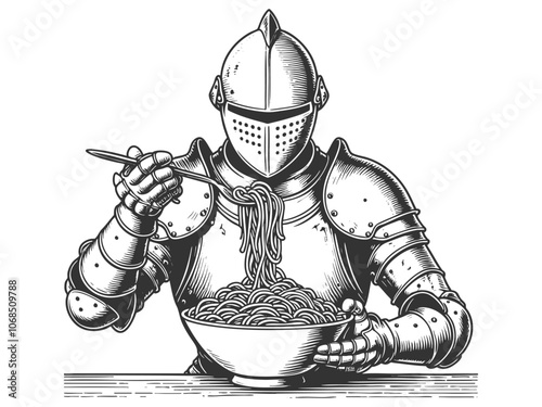 medieval knight in full armor enjoying a bowl of spaghetti, historical imagery with humorous elements sketch engraving generative ai vector illustration. Scratch board imitation. Black and white image