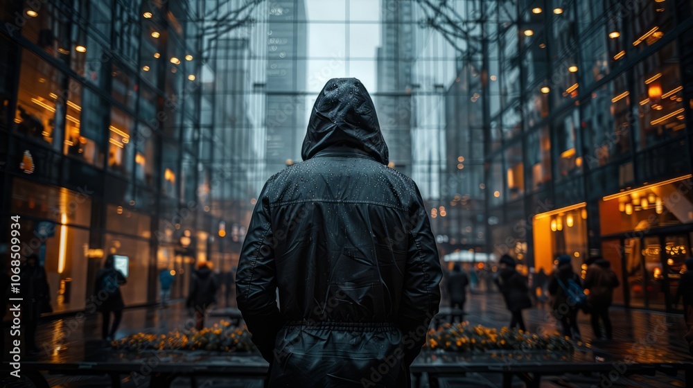 A lone figure in a black raincoat watches the busy urban plaza filled with people, illuminated shops, and glass architecture on a rainy evening A lone figure in a black raincoat watches the busy urban plaza filled with people, illuminated shops, and glass architecture on a rainy evening