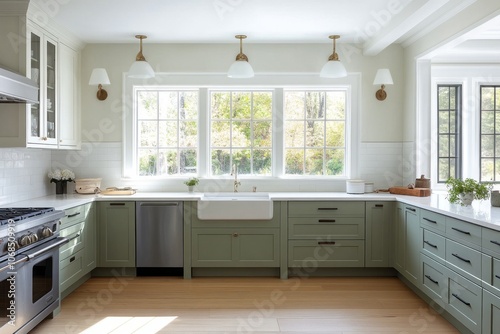 Modern Kitchen with Green Cabinets, White Farmhouse Sink, and Large Windows