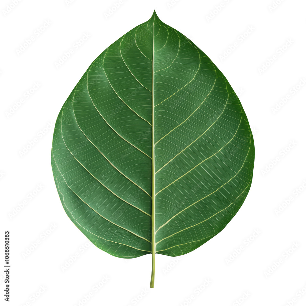 Obraz premium Bodhi Leaf Symbolizing Enlightenment, Isolated Green Leaf on White Background, Represents Spiritual Growth and Peaceful Reflection
