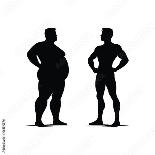 Silhouette Comparison of Fat and Fit Male Bodies Motivational Fitness Vector Illustration