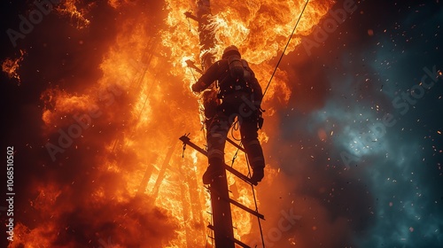 A courageous firefighter ascends a charred pole engulfed in roaring flames, fighting to contain the blaze as thick smoke billows into the night sky photo