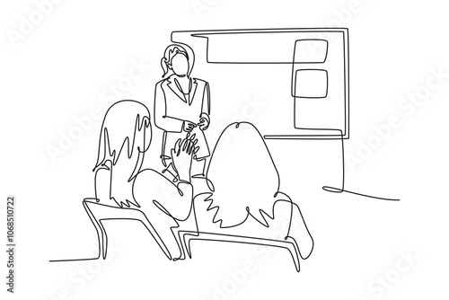 Meeting and Presentation concept. Single line draw design vector graphic illustration.